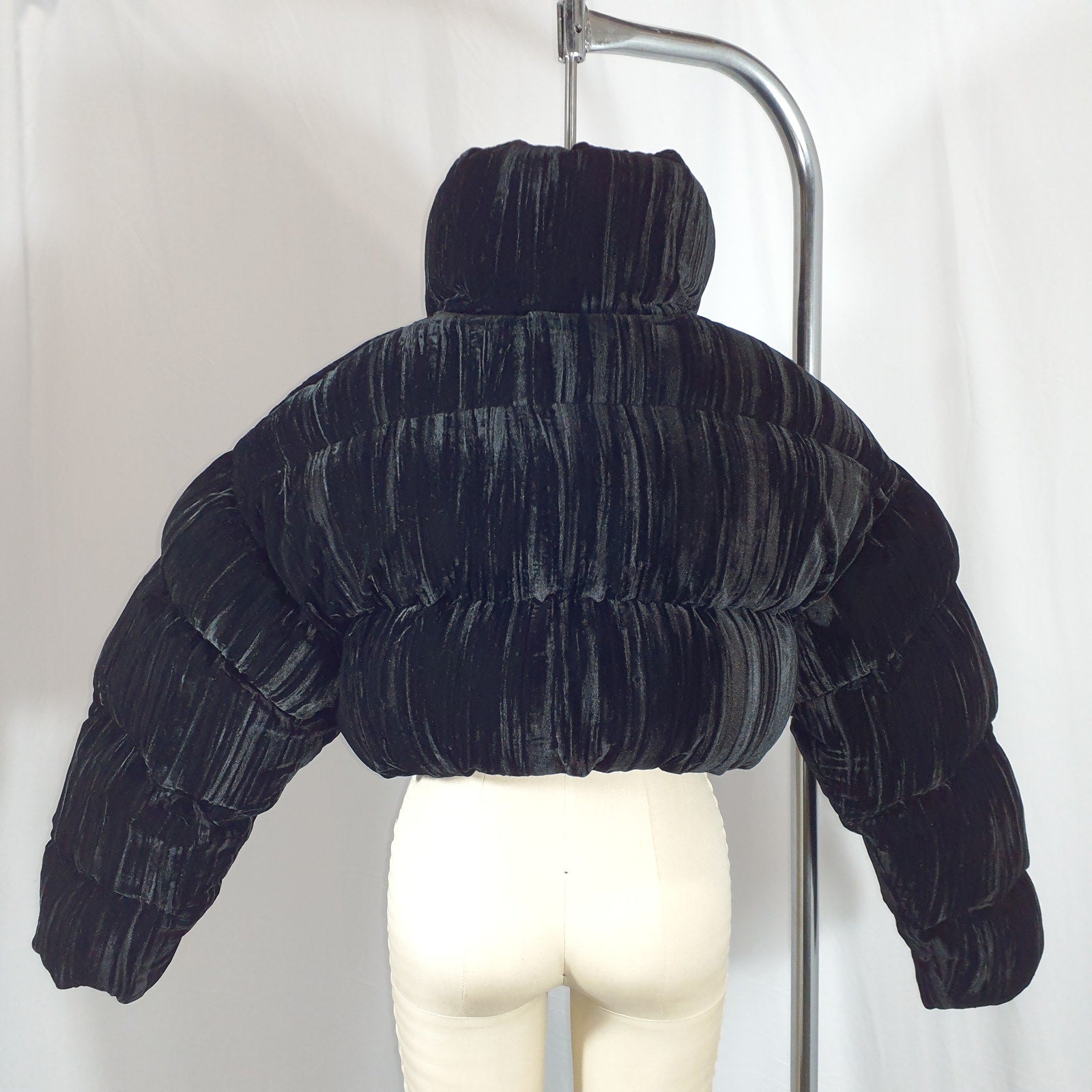 Ronny Kobo 'Sagen' Black Velvet Cropped Puffer Jacket Size S