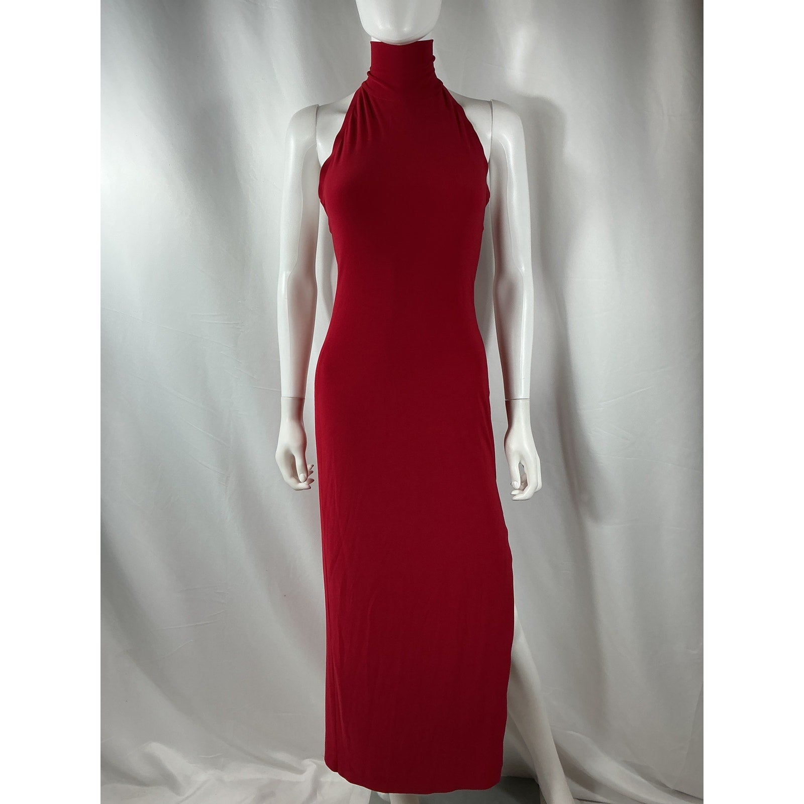 Norma Kamali Halter Red Polyester Turtleneck Side Slit Gown Size XS