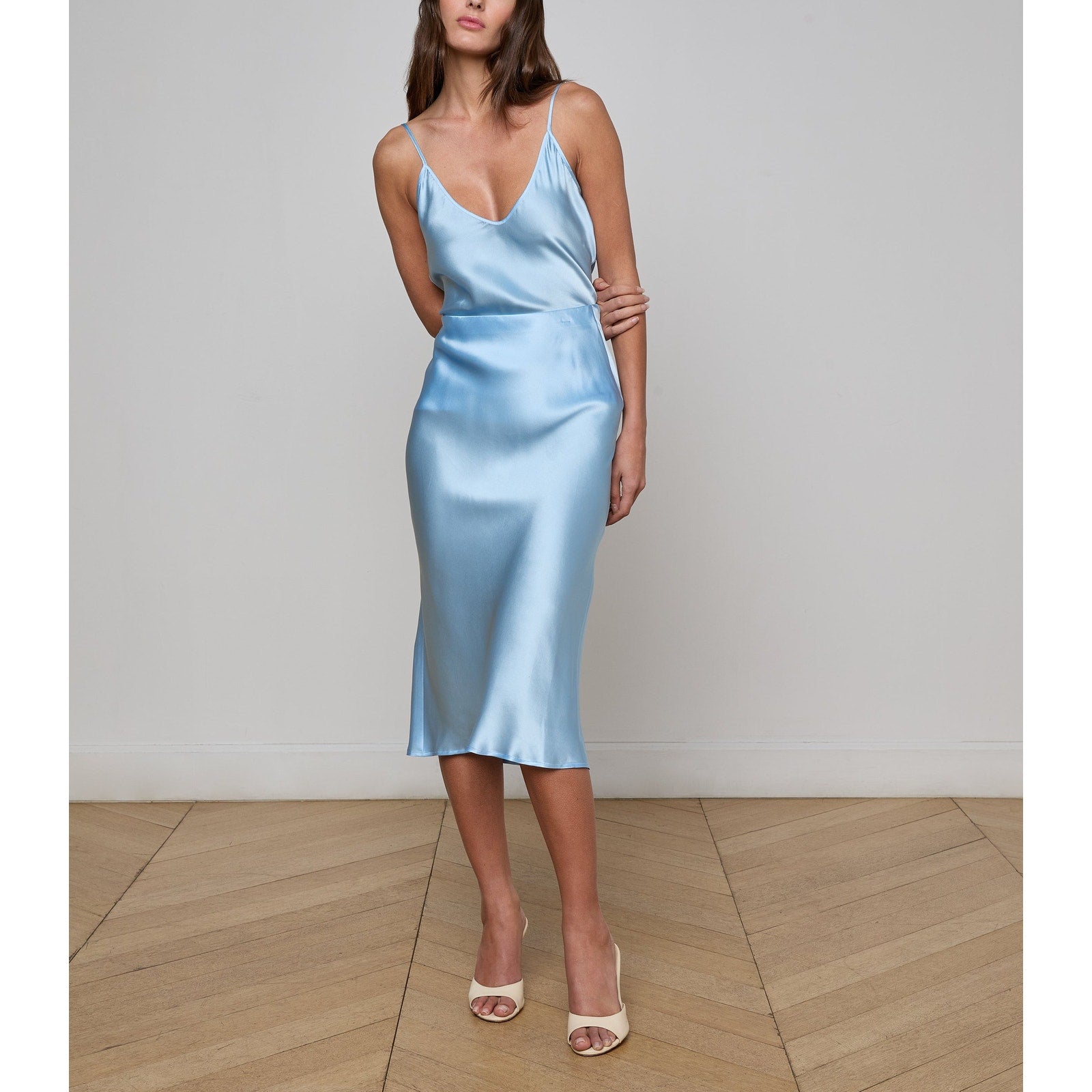 L'Agence 'Perin' Blue Silk Midi Skirt Size XXS