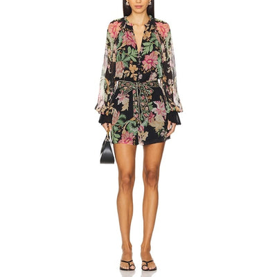 Hemant And Nandita Handcrafted Black Floral Multi Tie Belt Romper Size S