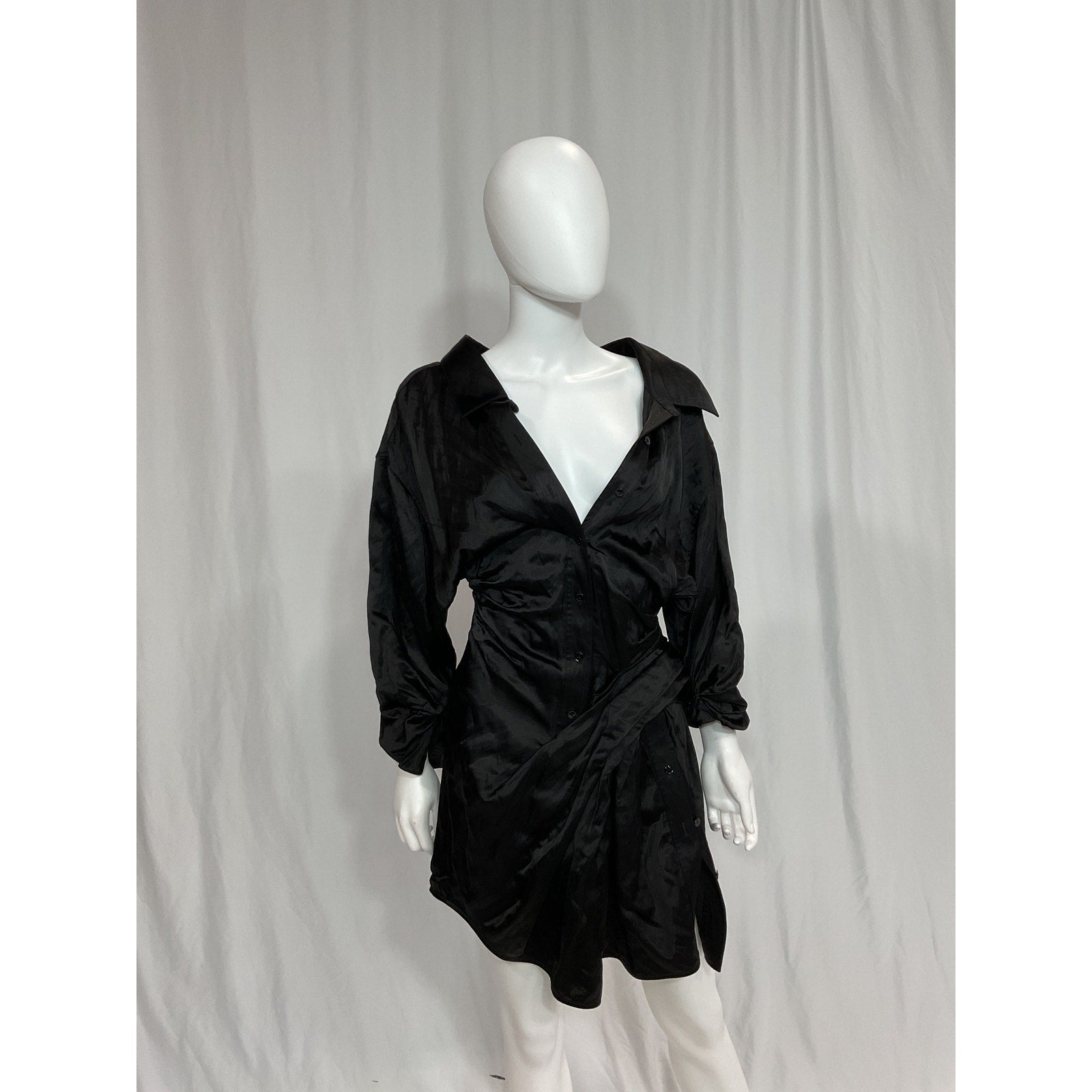 Alexander Wang 'Ruched' Black Crinkled-Satin Mini Shirt Dress Size 4