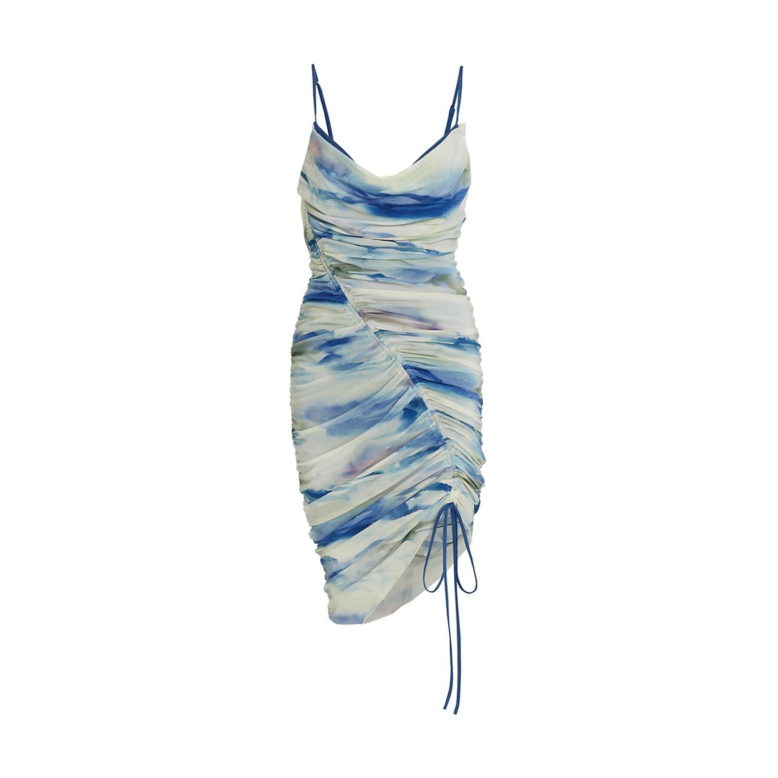 Simkhai 'Standard' Blue Trixie Ruched Watercolor Mesh Mini Dress Size XS