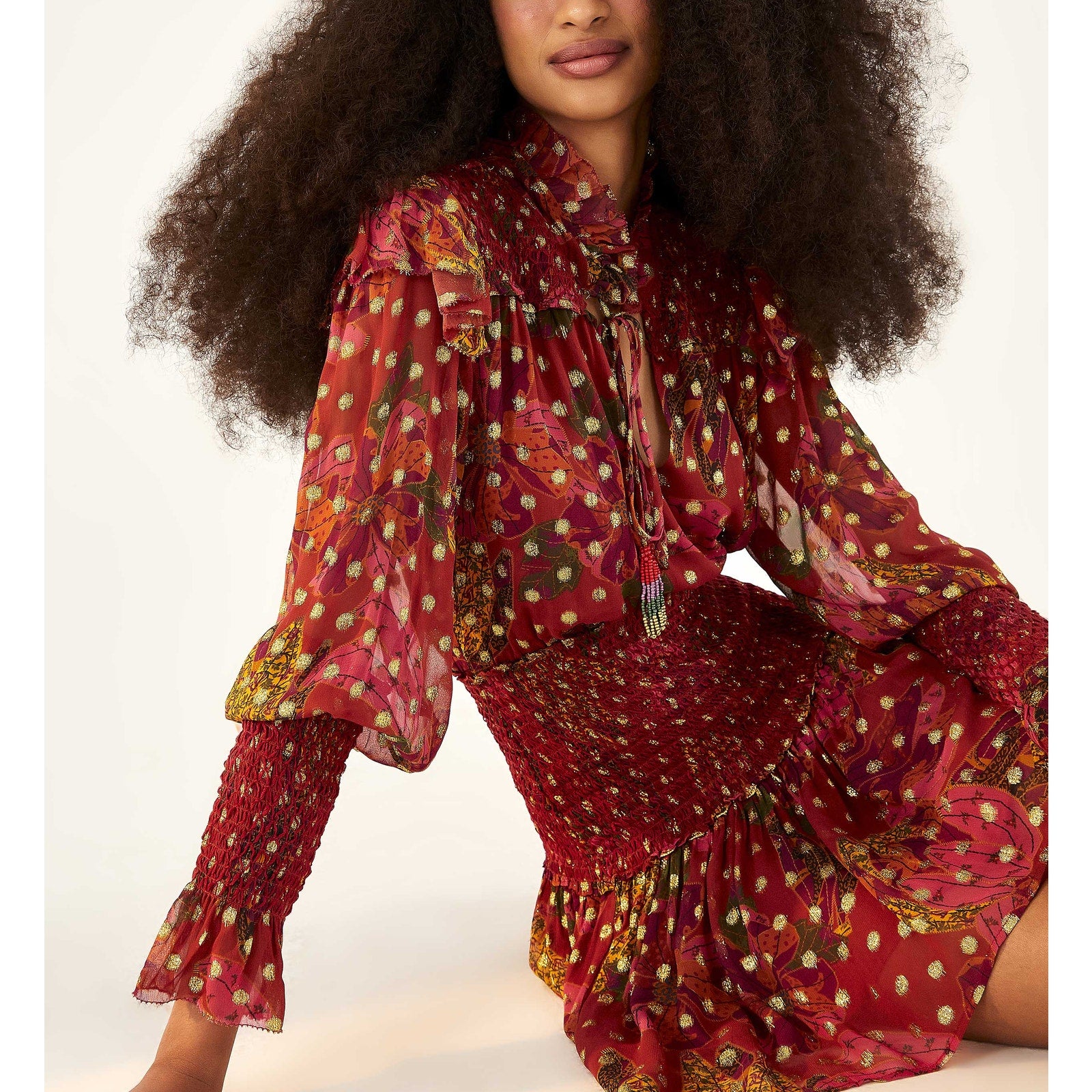 Farm Rio 'Banana' Red Flowers Smocked Long Sleeve Mockneck Mini Dress Size S
