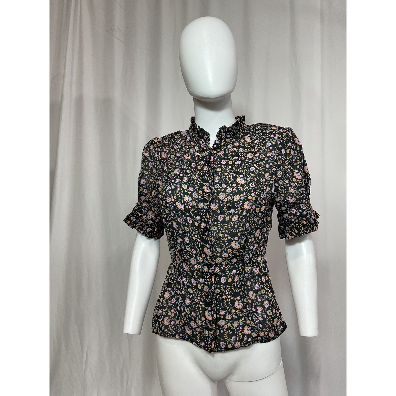 Selkie 'The Bistro' Black Ruffle Trim Blouse Size XS - NWT