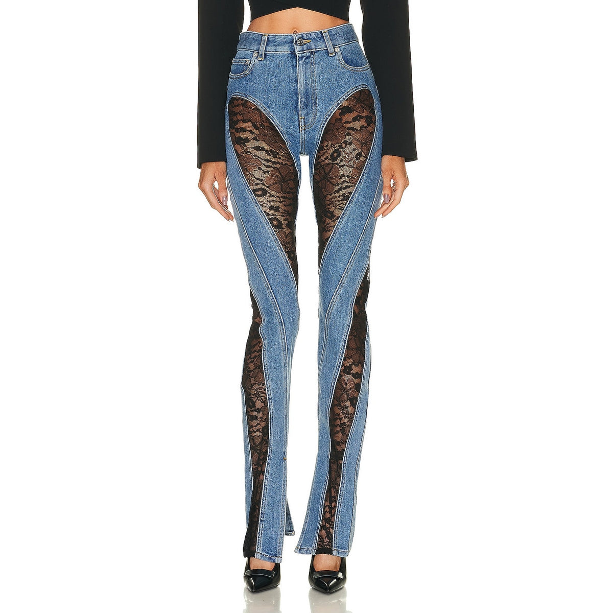 Mugler Paneled Blue Spiral Lace Skinny Denim Jeans Size 36 EU / US S NWT