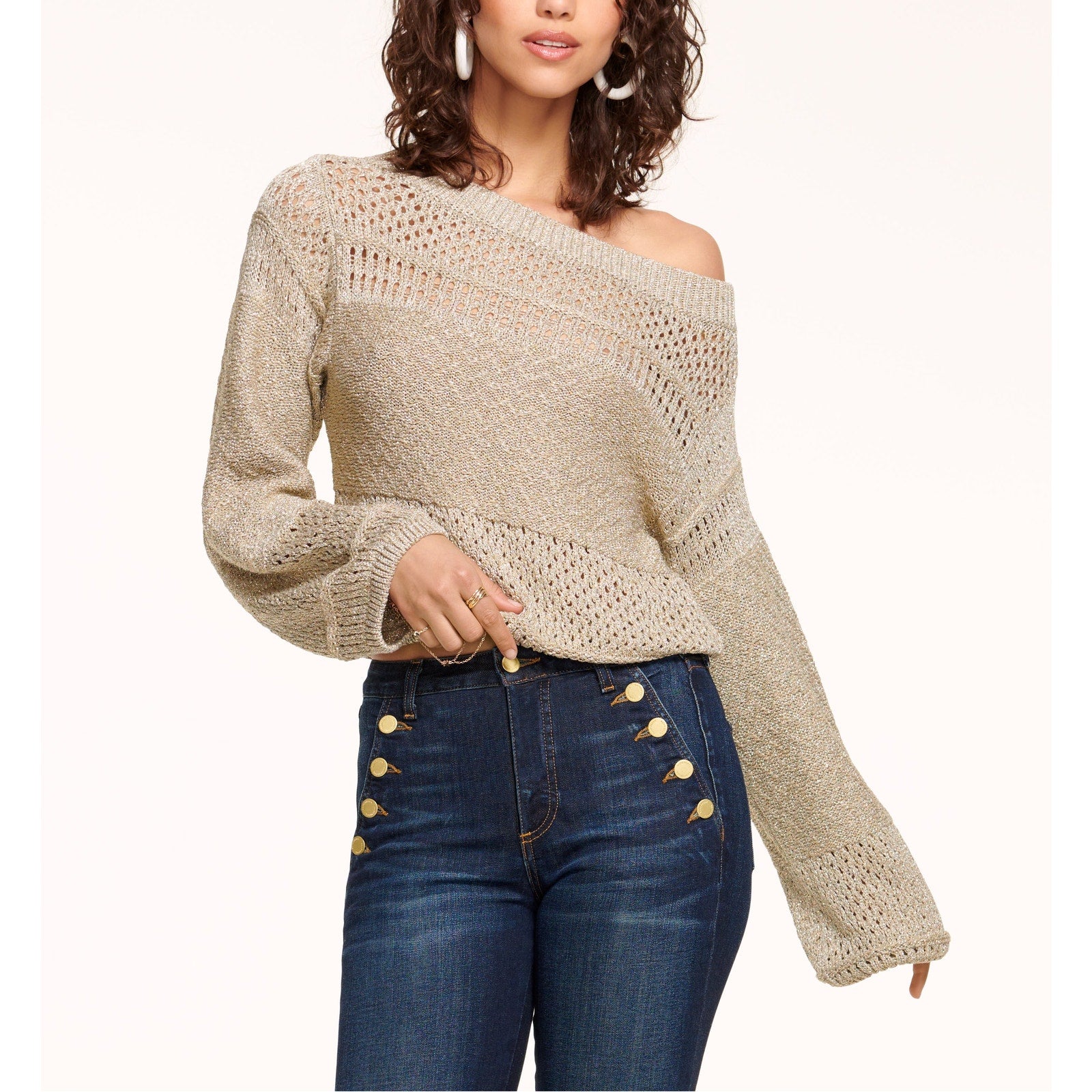 Ramy Brook 'Nora' Tan Metallic Off Shoulder Sweater Size S