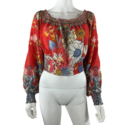 Camilla Bohemian Red Floral Shirred Waist Blouse Size L