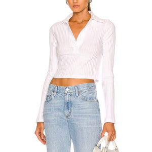 Helmut Lang Long Sleeve White Cotton Crop Polo Top Size L