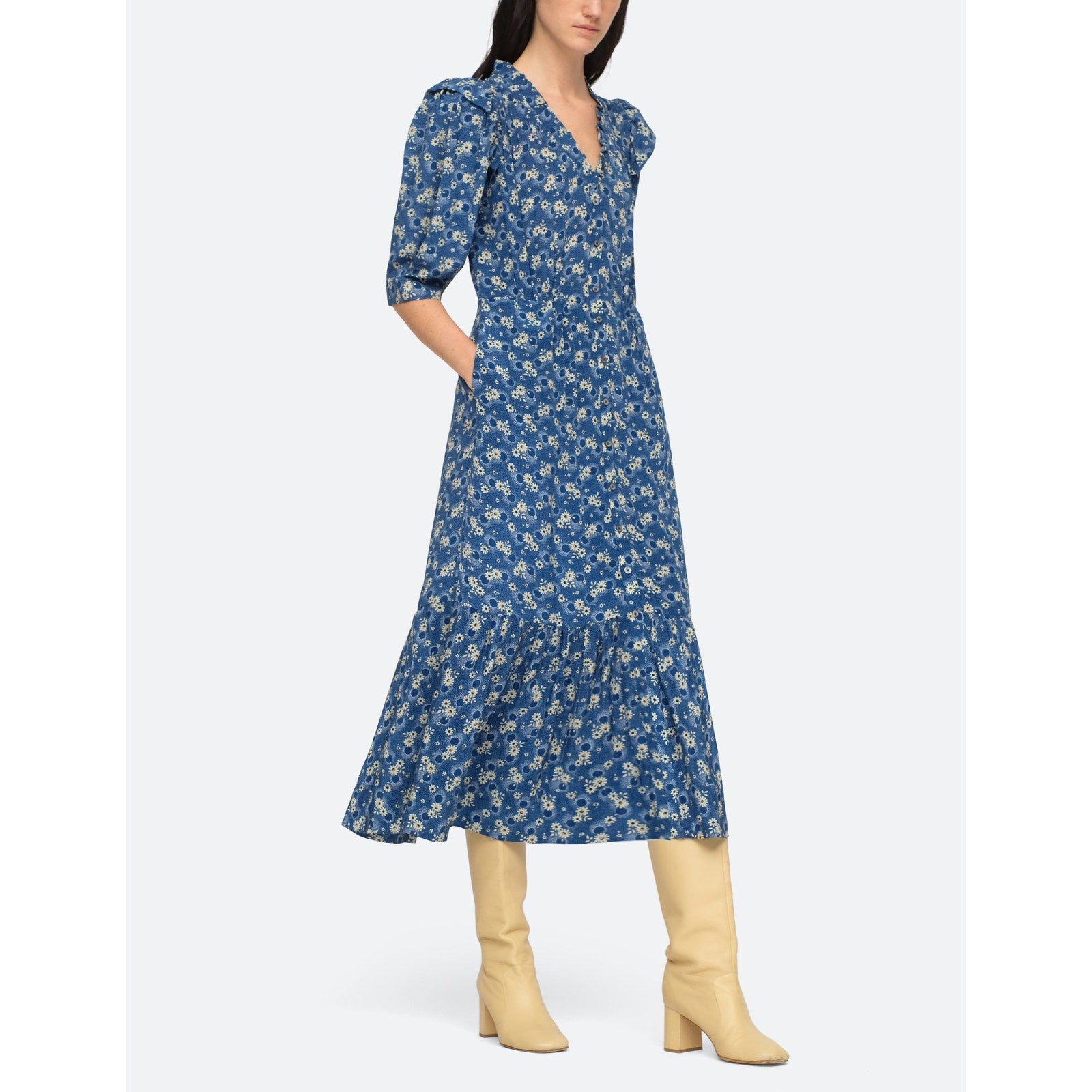Sea New York 'Josefine' Blue V Neck Midi Dress Size XS