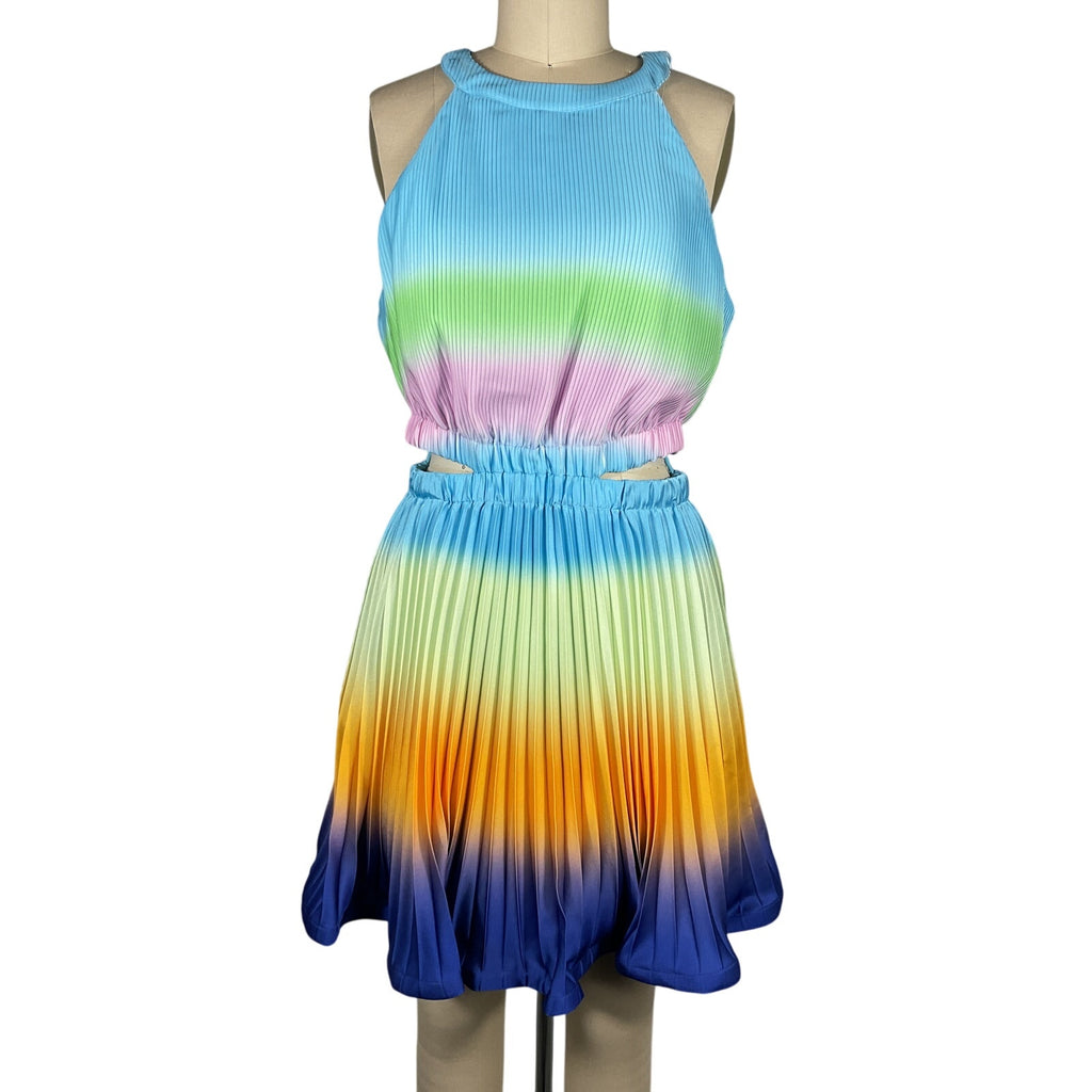 Simkhai 'Braelynn' Blue Polyester Ombre Plisse Cut Out Mini Dress Size 6