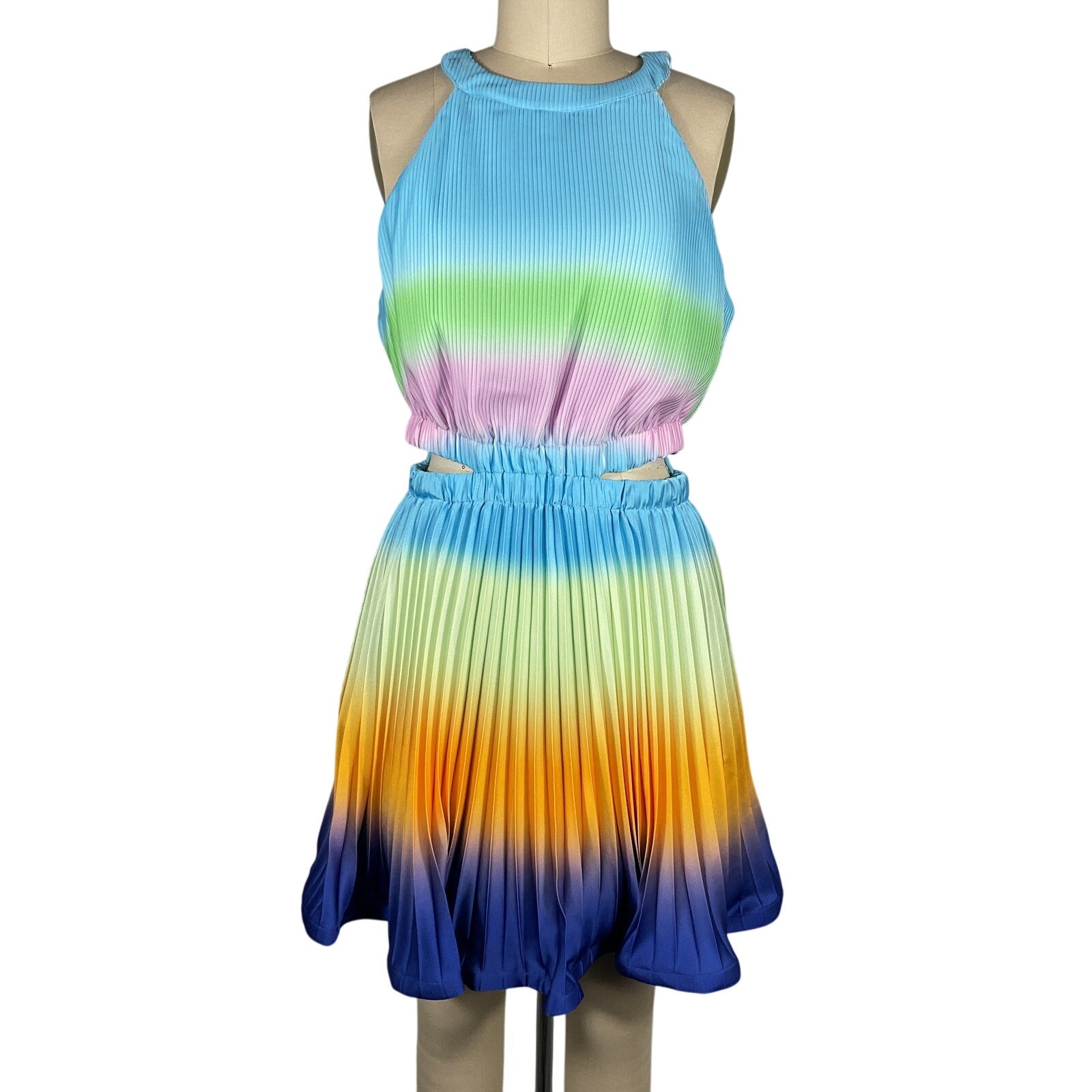 Simkhai 'Braelynn' Blue Polyester Ombre Plisse Cut Out Mini Dress Size 6