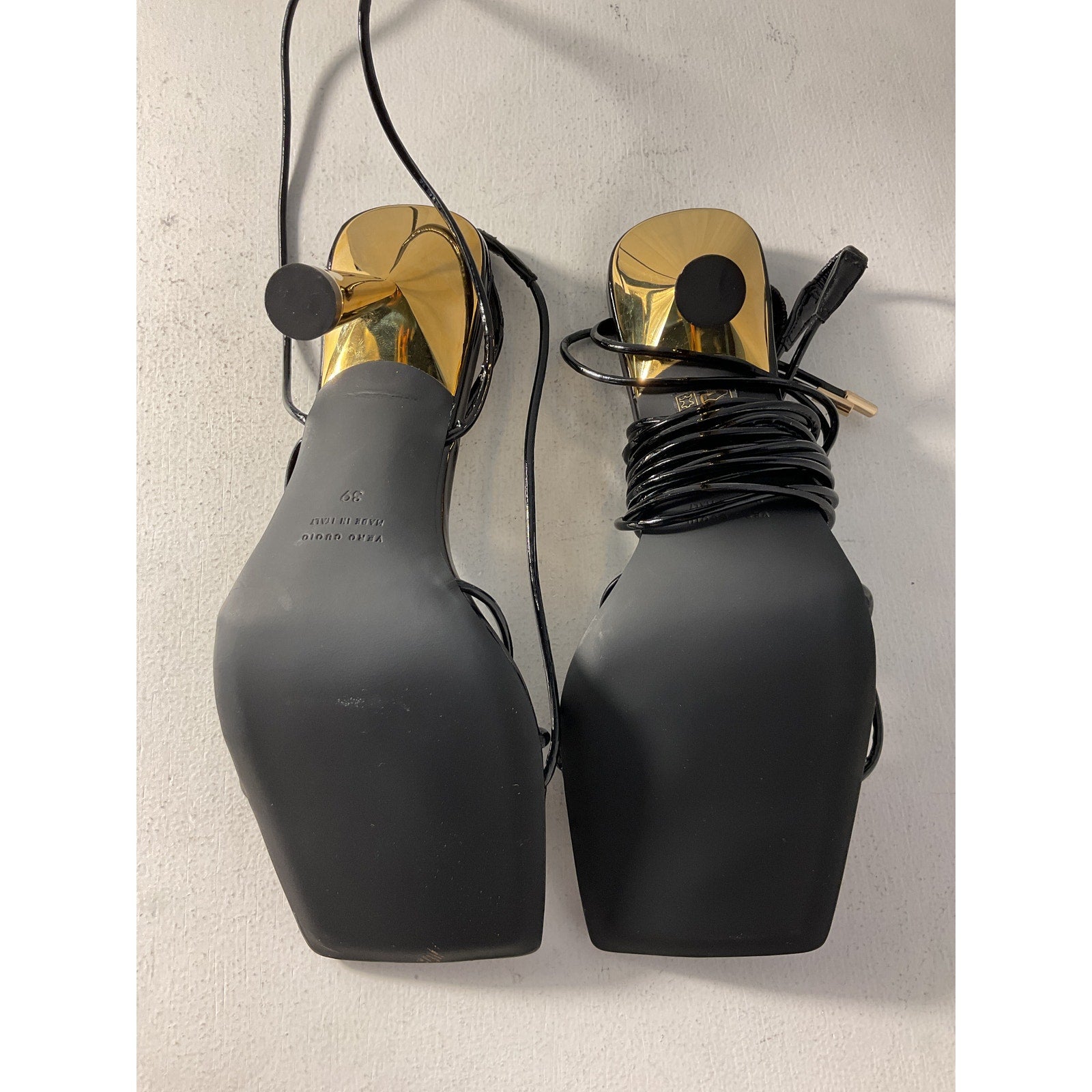 Gia Borghini x Rhw Black Patent Leather Short Lace Up Sandal Size 9