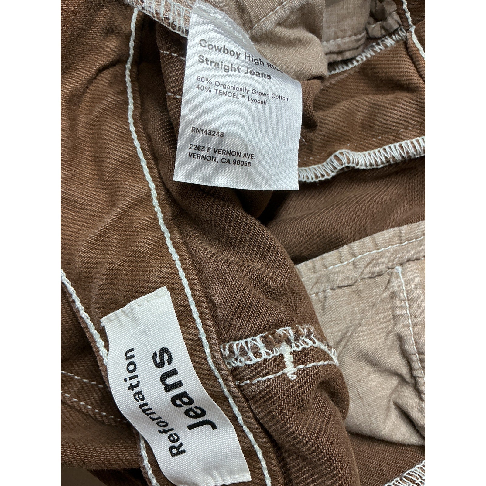 Reformation 'Cowboy' Brown Cotton High Rise Straight Jeans Size 25