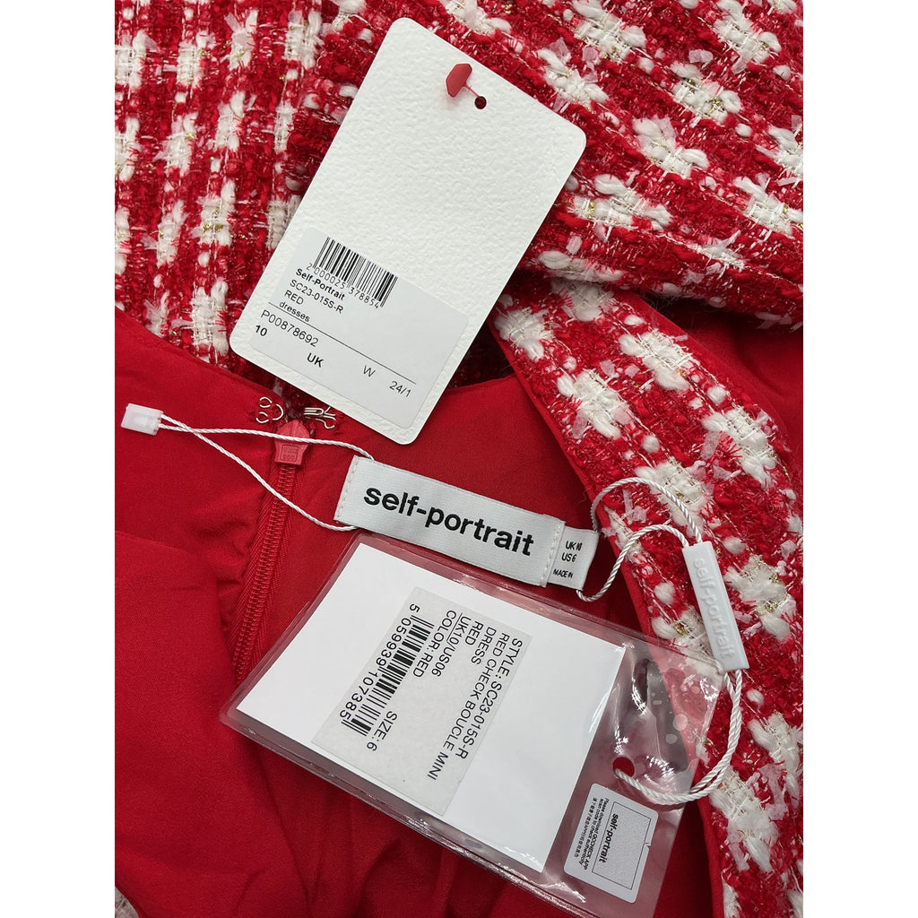 Self-Portrait 'Checked' Red Polyester Boucl� Minidress Size 10 - NWT