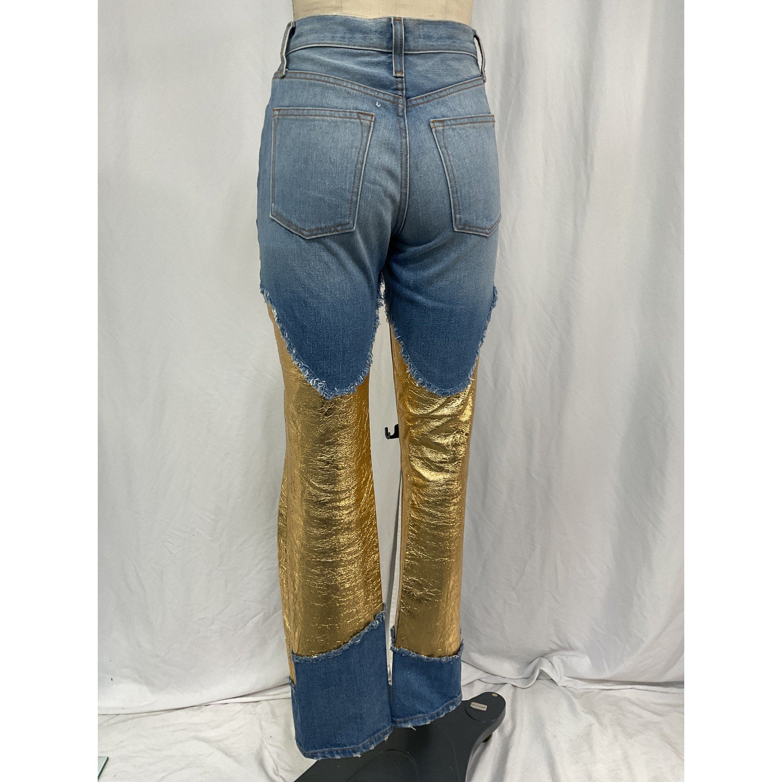 Brandon Maxwell 'The Cortlandt' Blue Cotton Paneled Metallic Leather Straight Leg Jeans Size 25