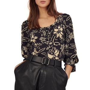 Ba&Sh 'Sessee' Black Floral Print Three Quarter Sleeve U Neck Button Blouse Size 1
