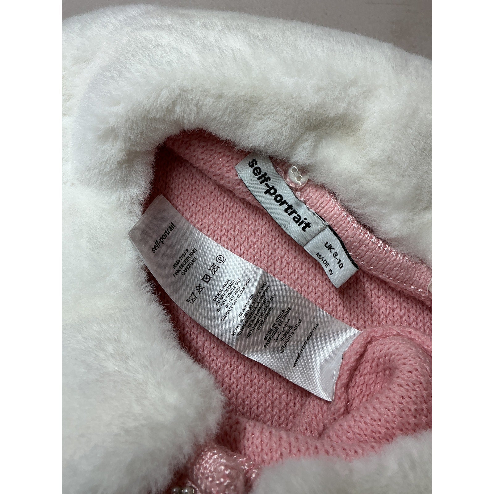 Self-Portrait Faux Fur-Trimmed Pink Cardigan Size 8-10
