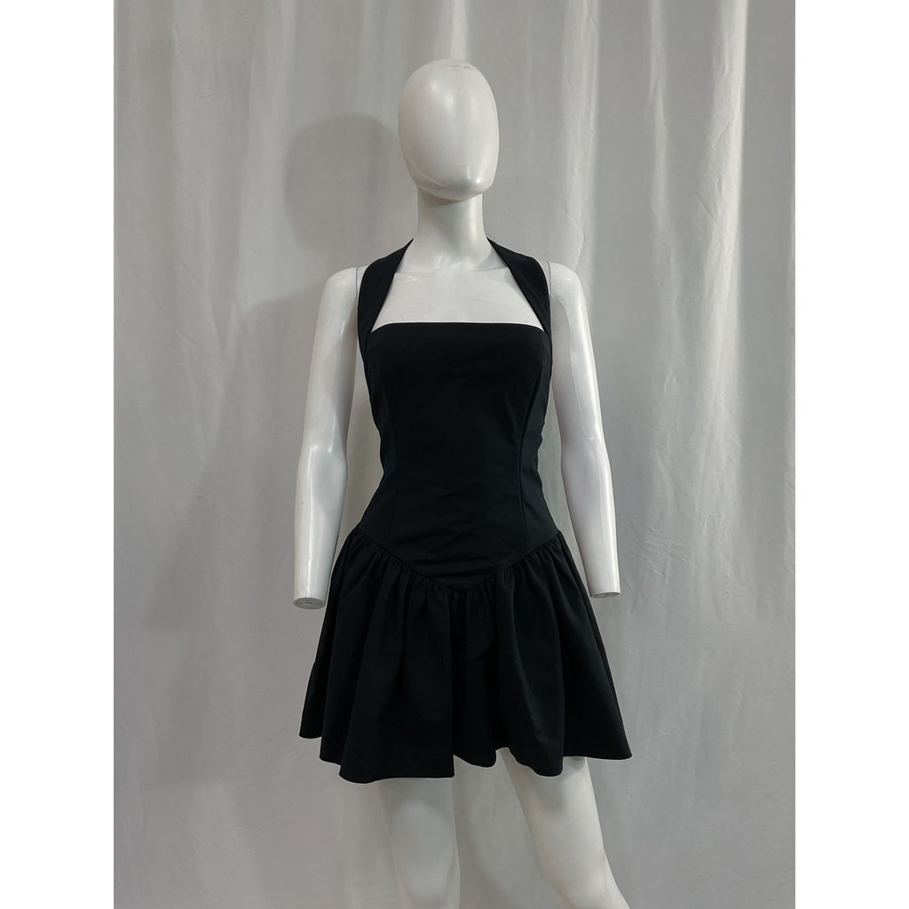 Helsa 'Faille' Black Poplin Halterneck Mini Dress Size L
