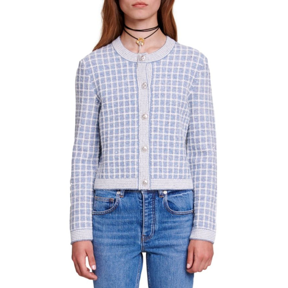 Maje Checkered Blue Malony Cardigan Size 1