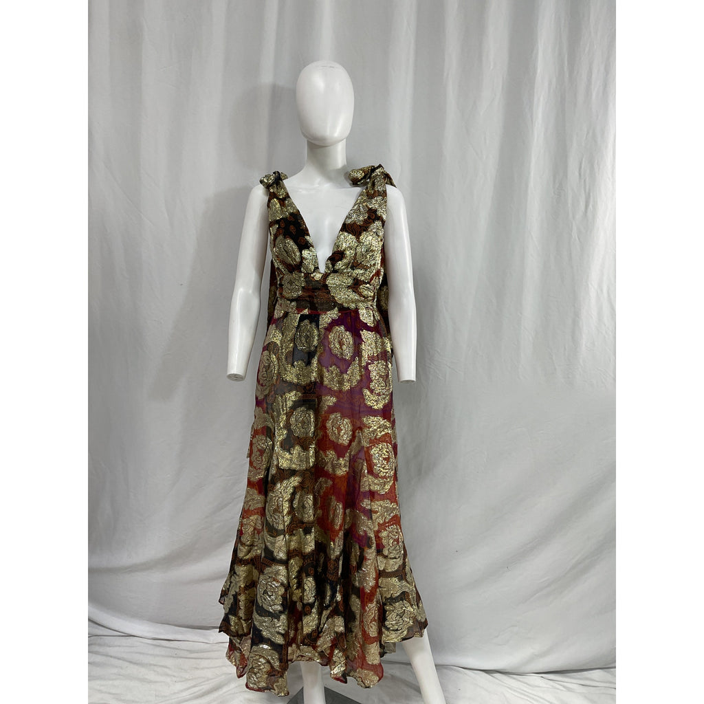 Farm Rio 'Lam�' Gold Jacquard Maxi Dress Size XXS