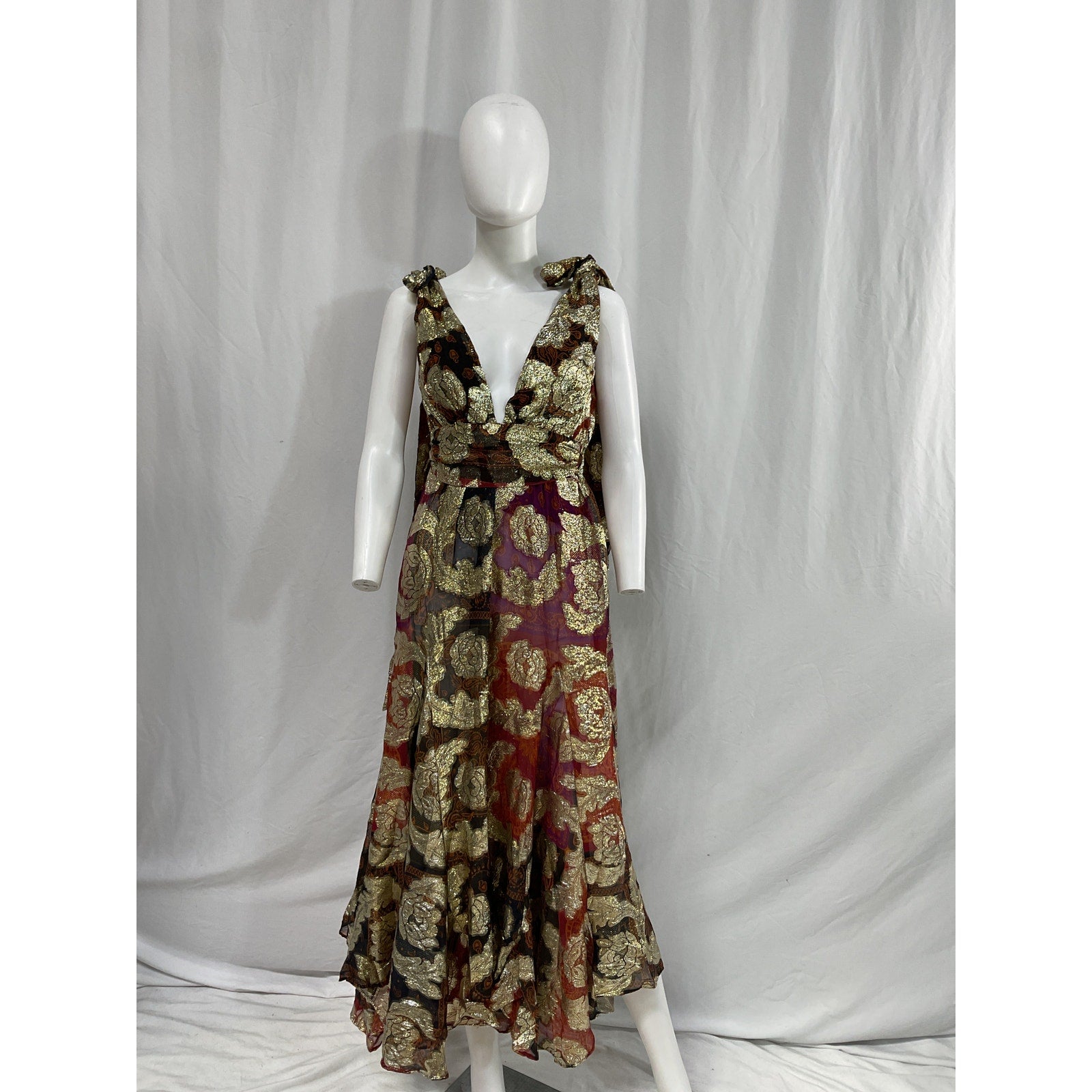Farm Rio 'Lam�' Gold Jacquard Maxi Dress Size XXS
