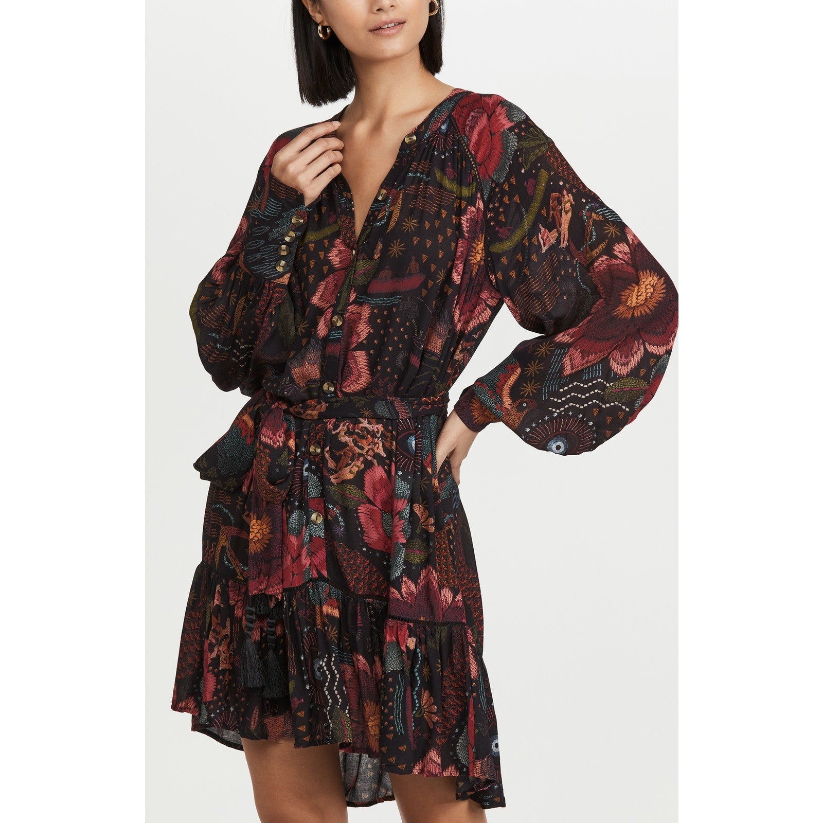 Farm Rio 'River Creatures' Black Long Sleeve Mini Dress Size XS