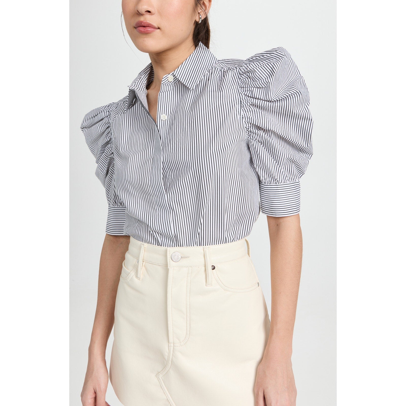 Frame 'Ruched' Black Poplin Puff Sleeve Collared Shirt / Blouse Size XS - NWT