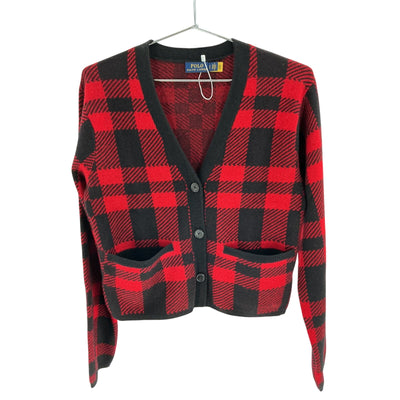 Ralph Lauren Merino Red Black Plaid V Neck Cardigan Size S