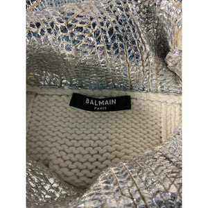 Balmain Metallic Silver Cable Knit Turtleneck Sweater Size FR 36 / US 2