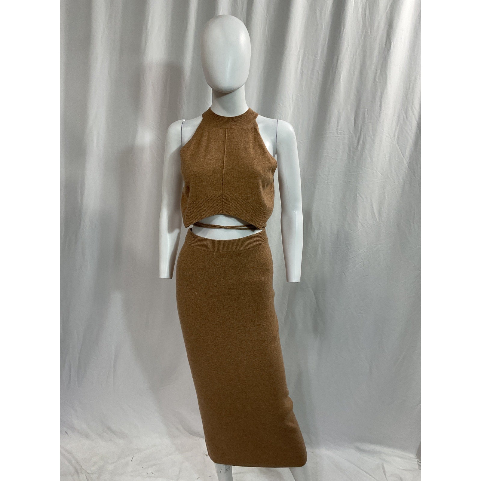 Reformation 'Renato' Tan Sleeveless Halterneck Two-Piece Cashmere Top & Midi Skirt Set Size M
