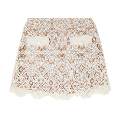 Self-Portrait Crystal-Embellished Ivory Guipure Lace Mini Skirt Size UK 8 / US 4