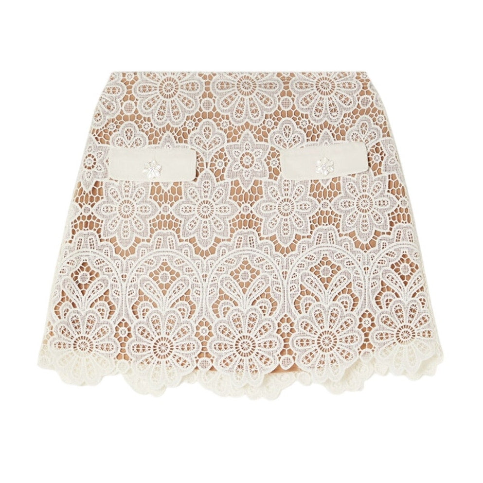 Self-Portrait Crystal-Embellished Ivory Guipure Lace Mini Skirt Size UK 8 / US 4