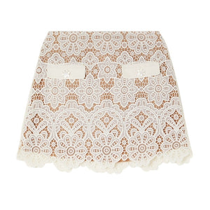 Self-Portrait Crystal-Embellished Ivory Guipure Lace Mini Skirt Size UK 8 / US 4