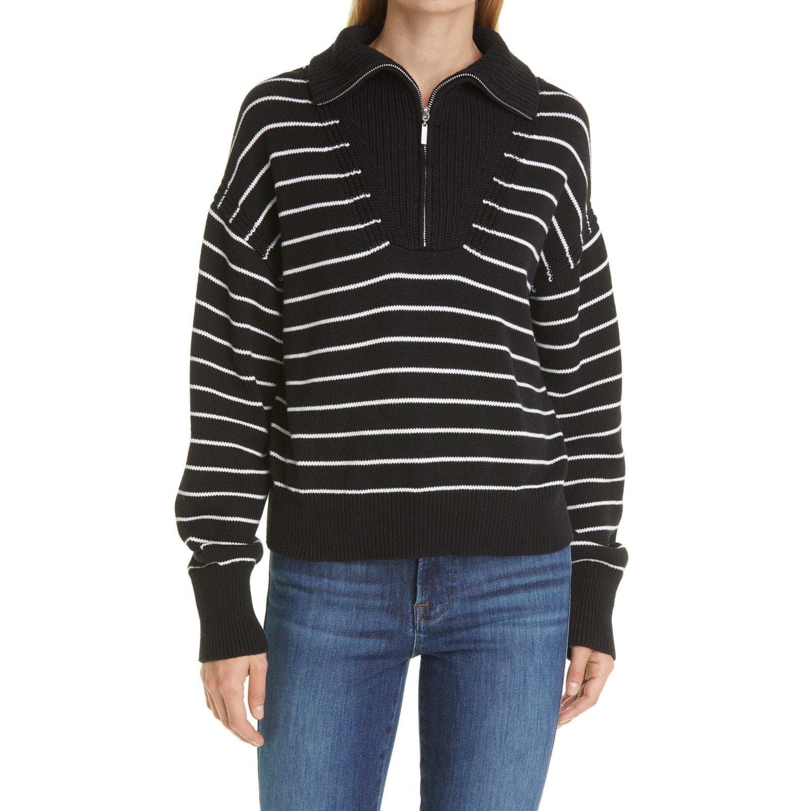 La Ligne 'Bastien' Black Cotton Stripe Half-Zip Cotton Sweater Size L