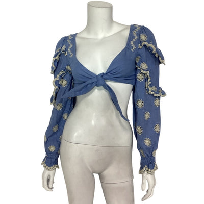 Loveshackfancy Embroidered Blue Milanti Crop Top Blouse Size S