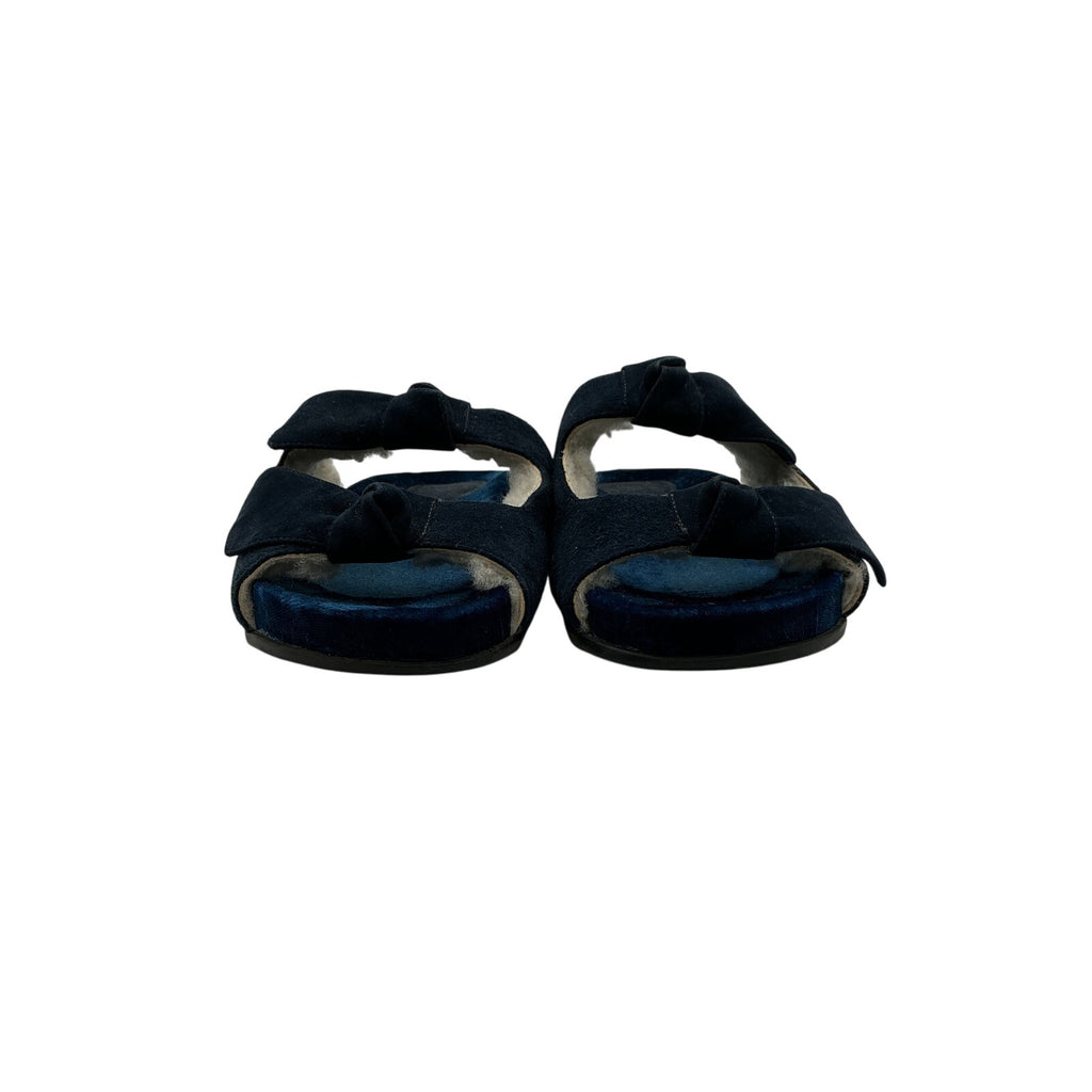 Alexandre Birman 'Clarita' Blue Bow-Embellished Shearling-Lined Suede Slides Size 7.5