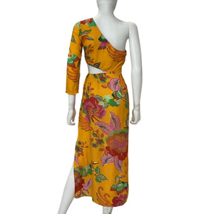 Anthropologie Vibrant Orange Motif Farm Rio One Shoulder Cutout Maxi Dress Size XS Petite