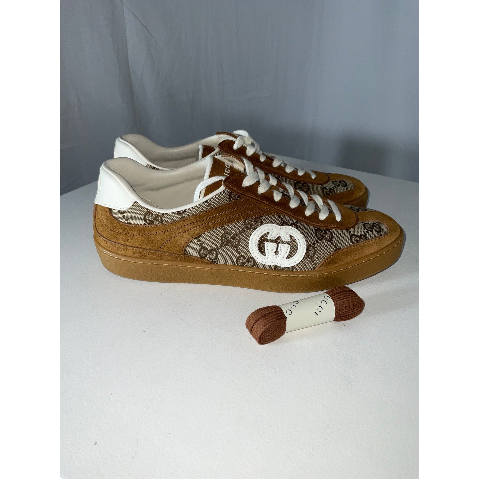 Gucci Tan Leather And Suede-Trimmed Coated Canvas-Jacquard Sneakers Size 42