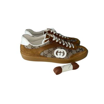 Gucci Tan Leather And Suede-Trimmed Coated Canvas-Jacquard Sneakers Size 42