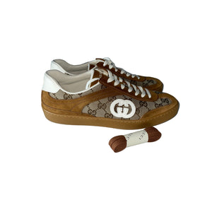 Gucci Tan Leather And Suede-Trimmed Coated Canvas-Jacquard Sneakers Size 42