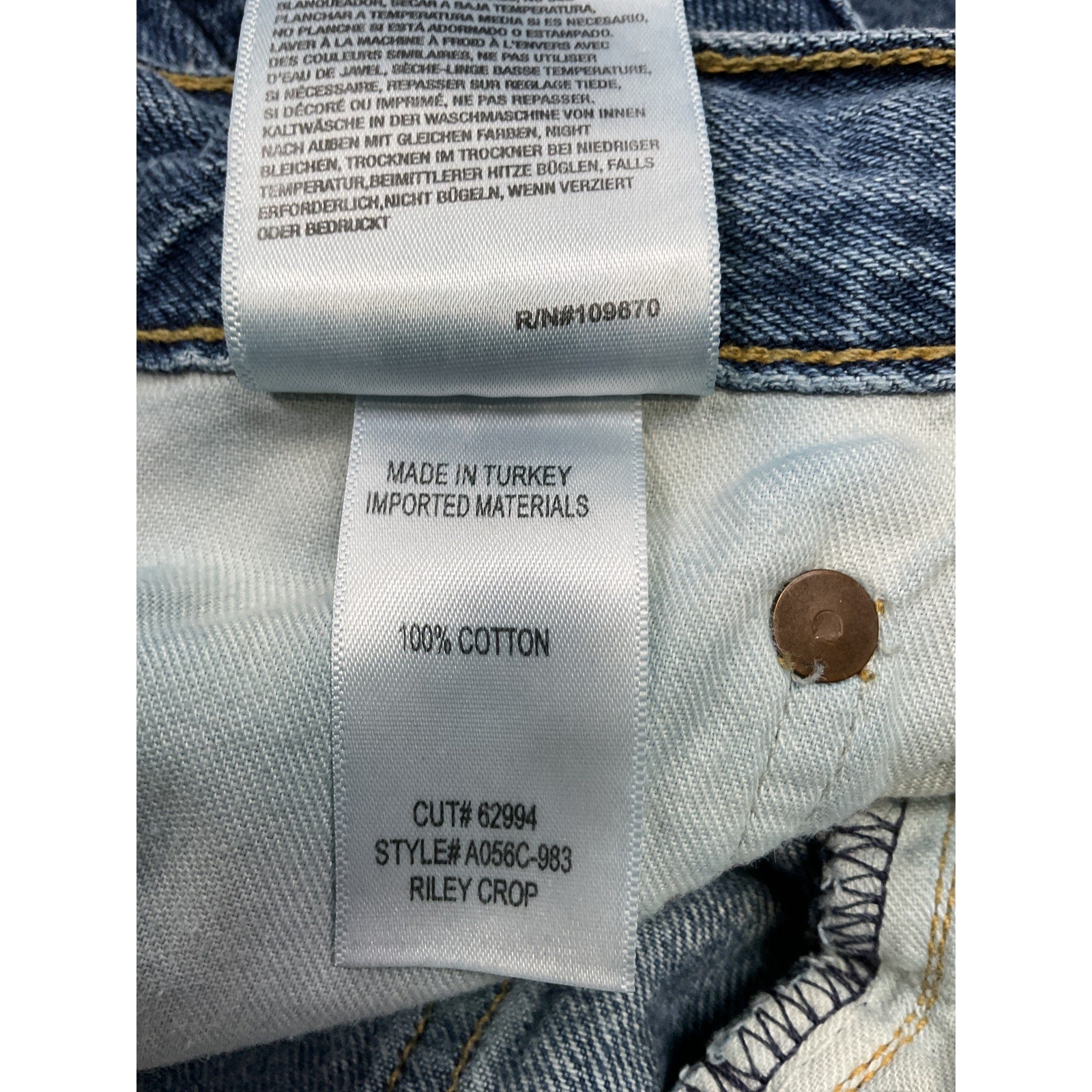 Agolde 'Riley' Blue Cotton Straight Cropped Jeans Size 26