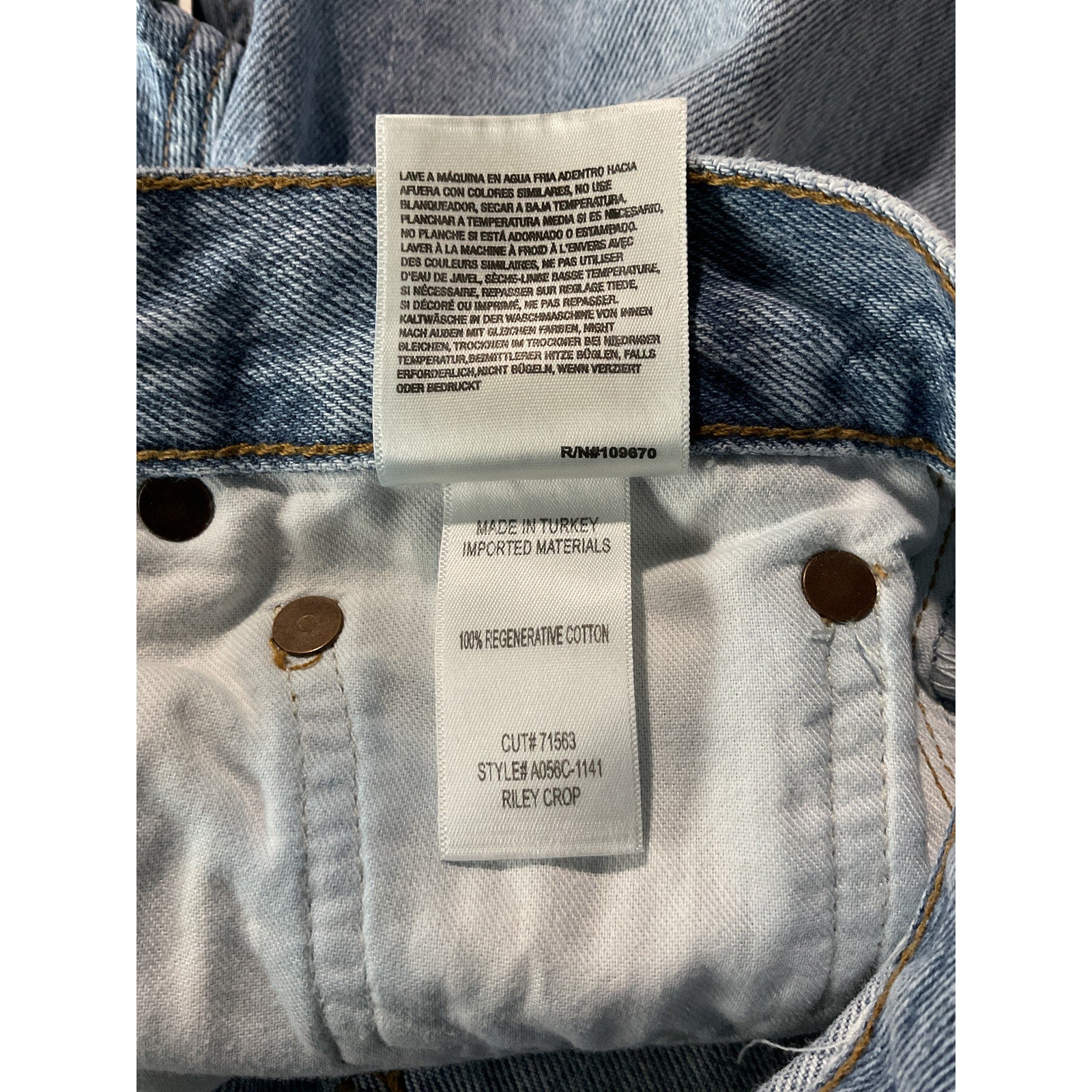 Agolde 'Riley' Blue Cotton High Rise Straight Crop Denim Jean Size 27