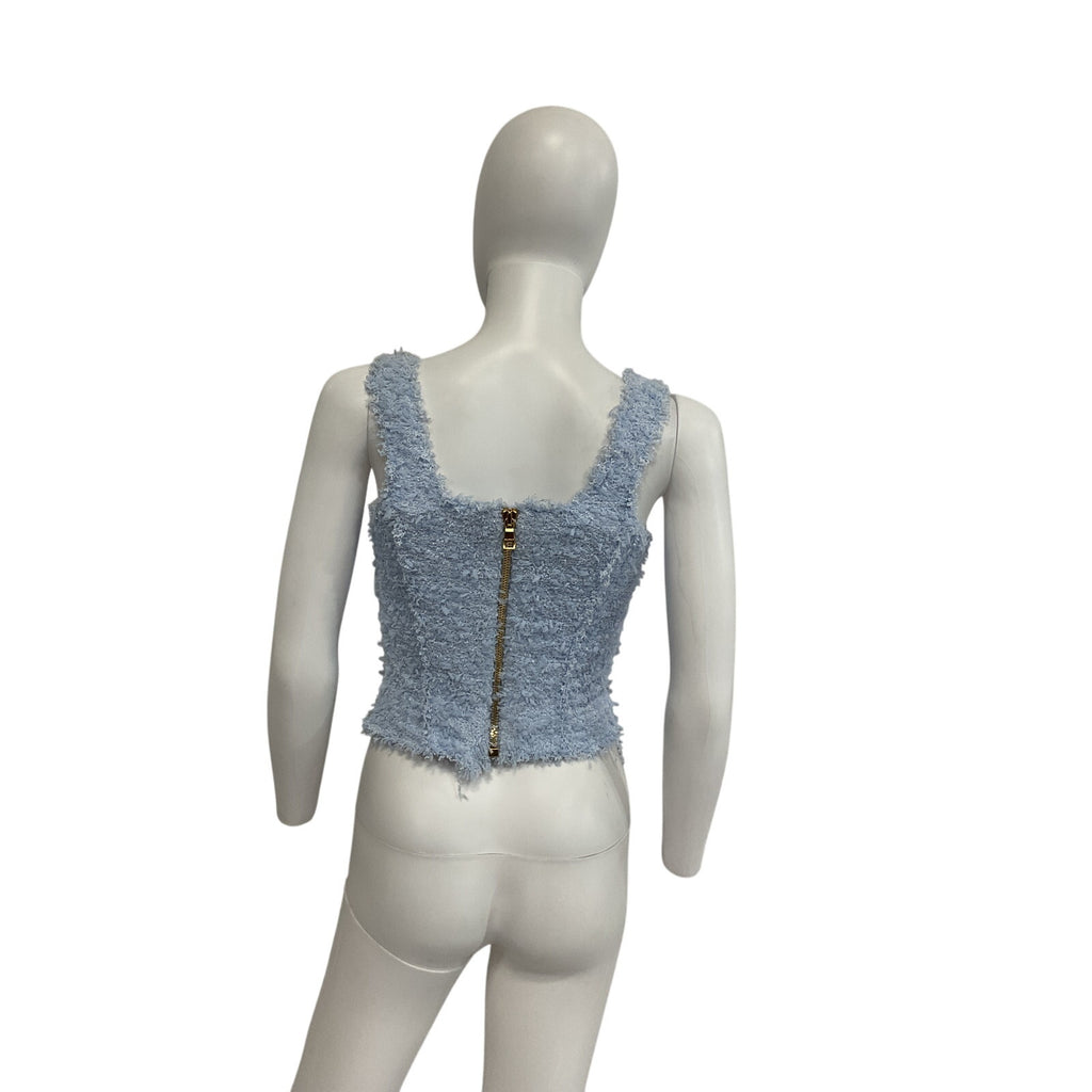 Balmain 'Bouclé' Blue Viscose Button-Embellished Bustier Crop Top Size 2 US / FR 34