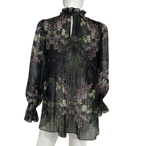 Allsaints Pleated Floral Black Multi Cora Ophelia Blouse Size 4