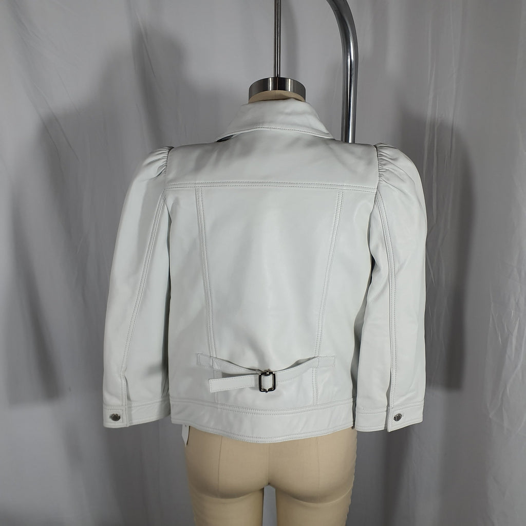 Retrofete Leather 'Ada' White Puff Cropped Sleeve Cinched Back Jacket Size M