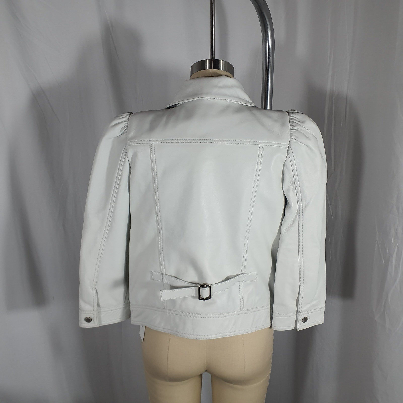 Retrofete Leather 'Ada' White Puff Cropped Sleeve Cinched Back Jacket Size M