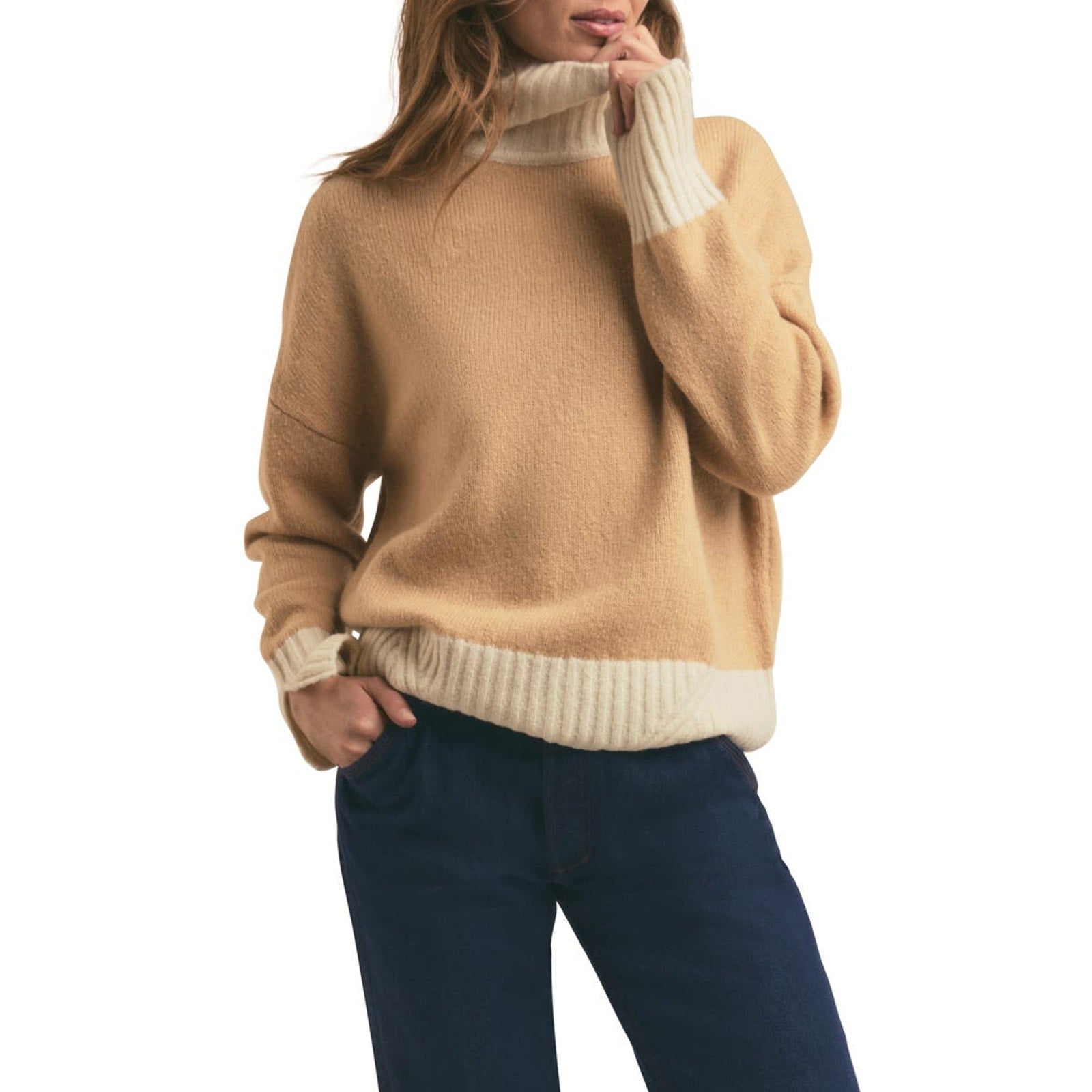 Favorite Daughter 'The Andi' Beige Contrast Rib Turtleneck Wool & Cashmere Blend Sweater Size M - NWT
