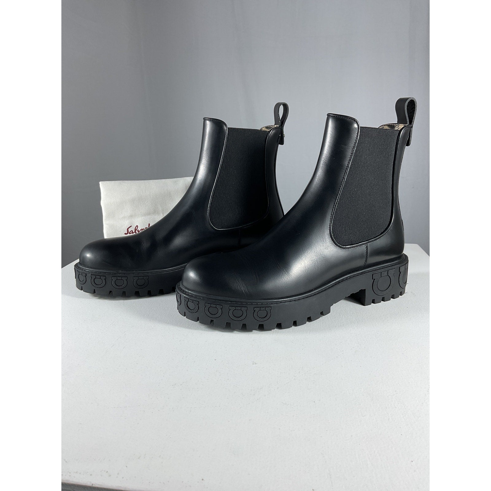 Ferragamo 'Varsi' Black Leather Chelsea Lug Bootie Size 6.5