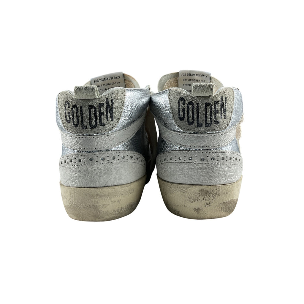 Golden Goose 'Mid Star' Silver Leather Distressed Suede-Trimmed Metallic Snake-Effect Leather Sneakers Size 8