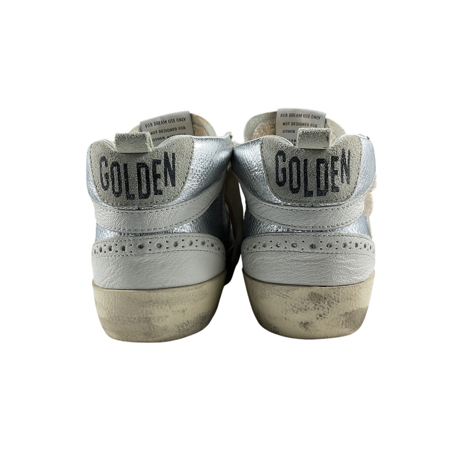 Golden Goose 'Mid Star' Silver Leather Distressed Suede-Trimmed Metallic Snake-Effect Leather Sneakers Size 8